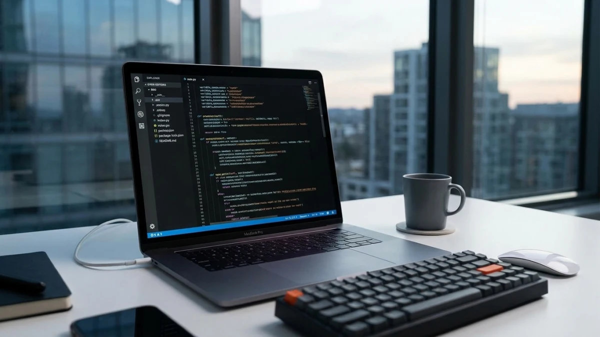 Computadora portátil en escritorio moderno mostrando código fuente y desarrollo para SEO técnico