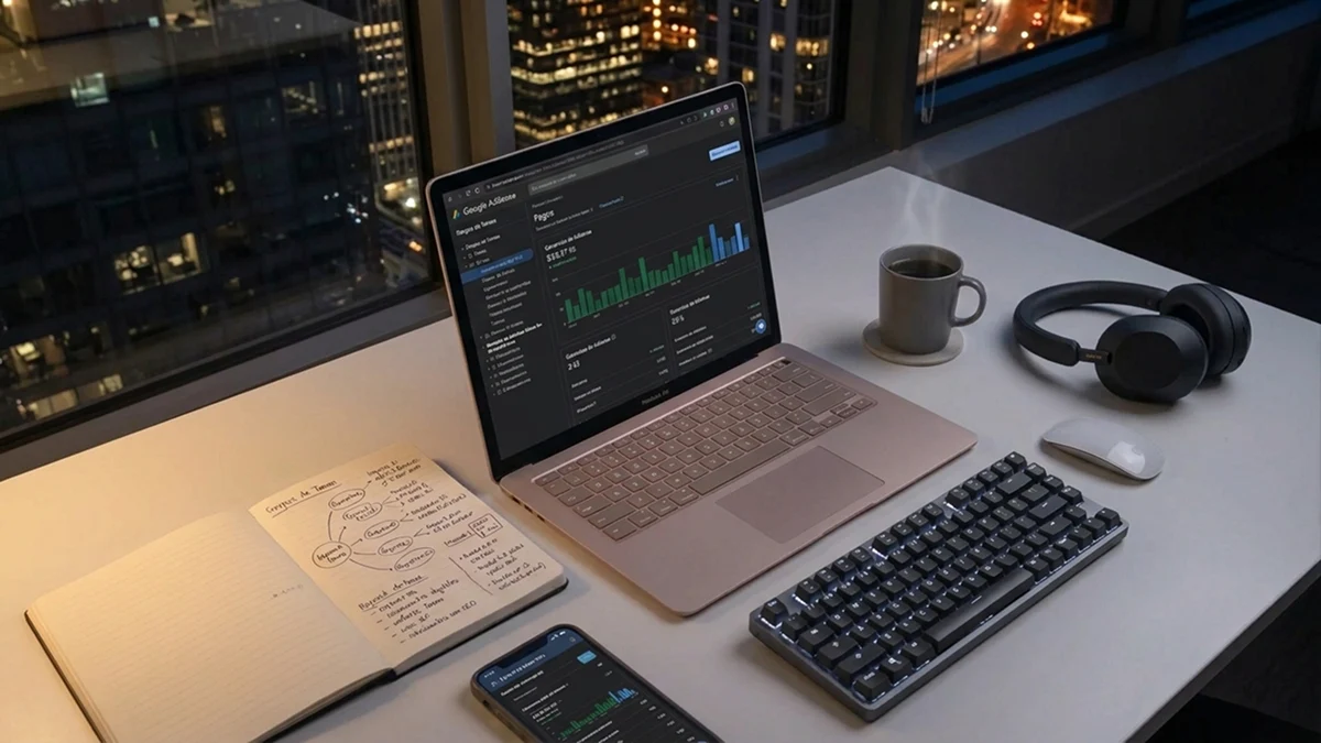 Escritorio de trabajo nocturno con laptop abierta que muestra métricas y herramientas de análisis de palabras clave o keywords