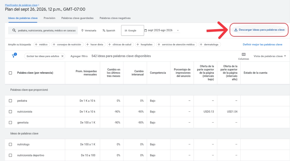 captura de pantalla del reporte del planificador de palabras clave de google ads señalando con una flecha roja el botón para descargar y exportar los resultados